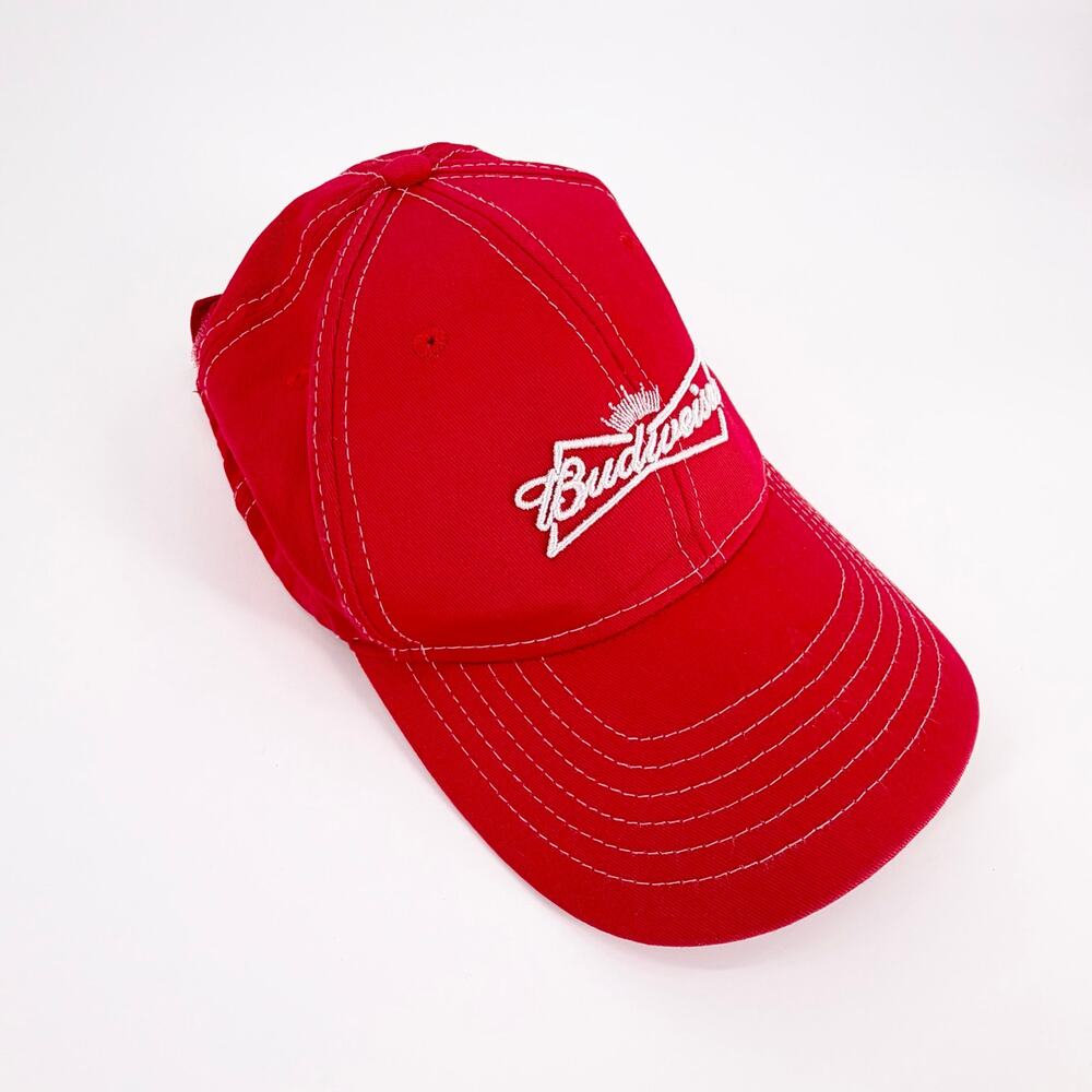 Budweiser Embroidered Red Baseball Hat White Contrast Stitch Adjustable Cap EUC